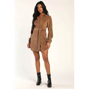 Lulus Daily Sweetie Brown Corduroy Long Sleeve Mini Dress - Size S